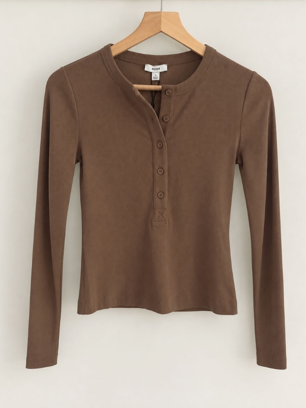 Reiss Rina Stretch-Cotton Half-Button Top Taupe Size S